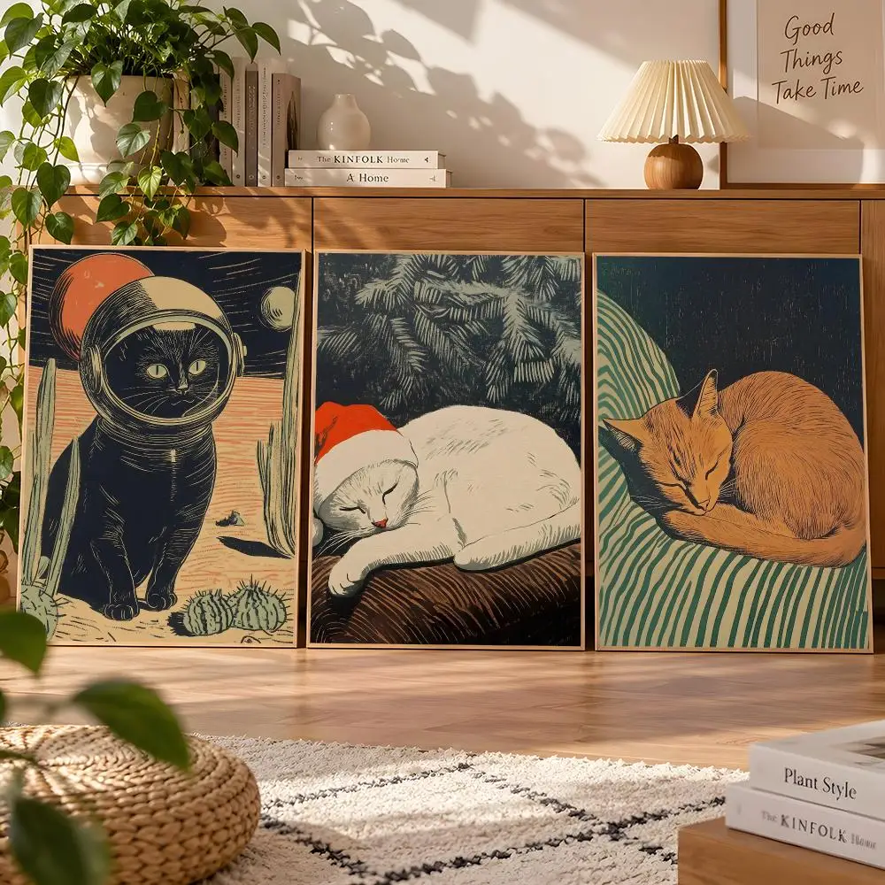 Vintage Sci-Fi Cat Cosmic Cat Couple Coffee Space Modern Poster Matte Self Adhesive Wall Art Waterproof Room Decoration Bedroom