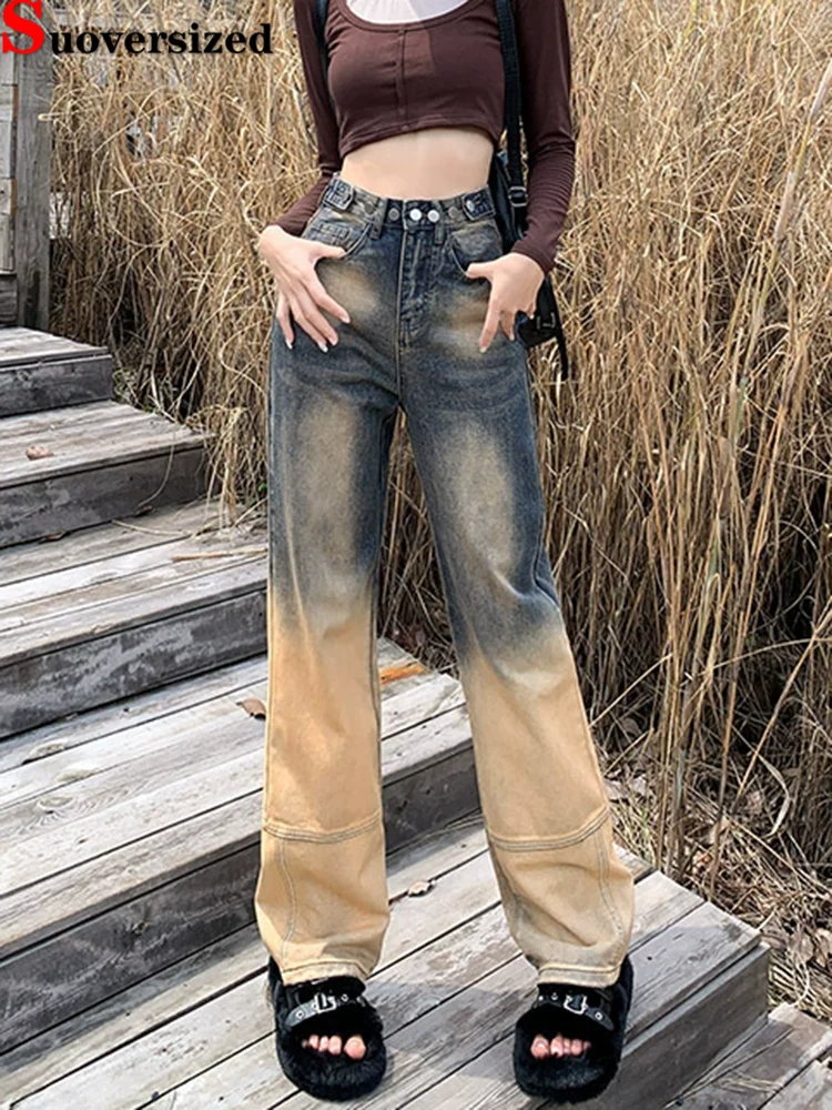 

High Waisted Wide Leg Fashion Jeans Gradient Baggy Straight Streetwear Vaqueros Women's Casual Loose Vintage Denim Pants