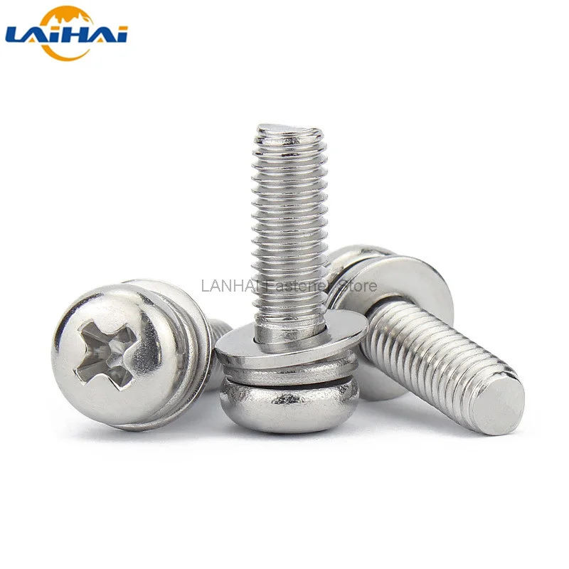 M1.6 M2 M2.5 M3 M4 M5 M6 M8 304 Stainless Steel Cross Round Phillips Pan Head SEM Screw Flat Washer Spring Gasket Assemble Bolt