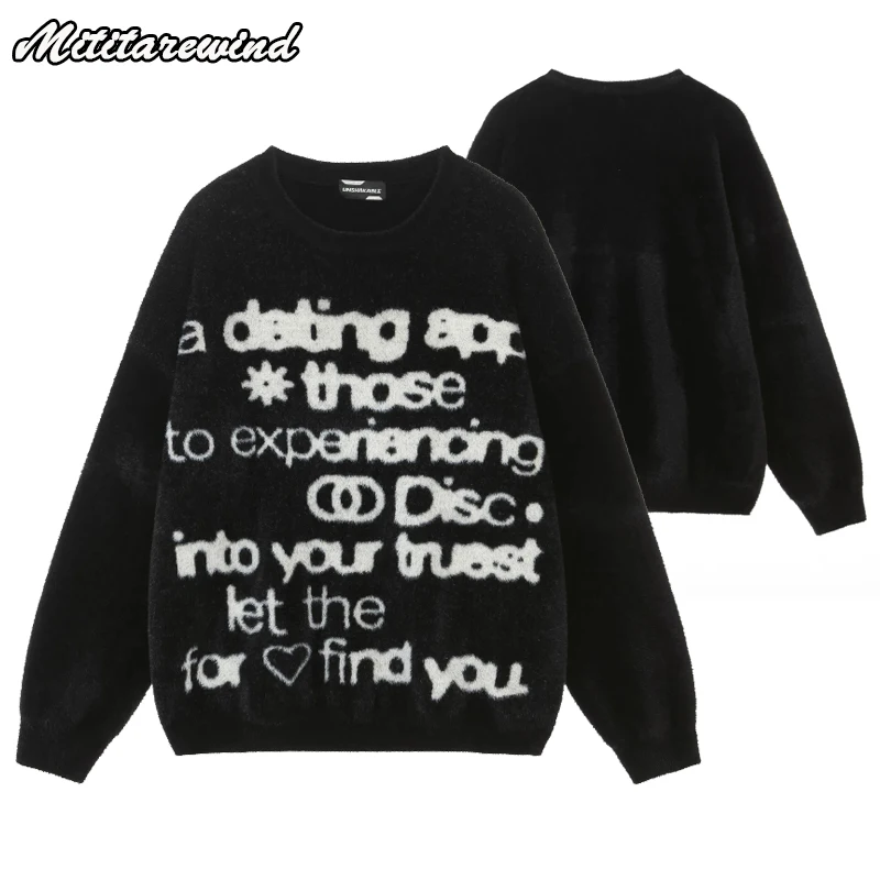 

Autumn Winter Soft Knitted Sweater Men Letters Jacquard Round Neck Pullover Sweaters Women Oversized Hip Hop Streetwear