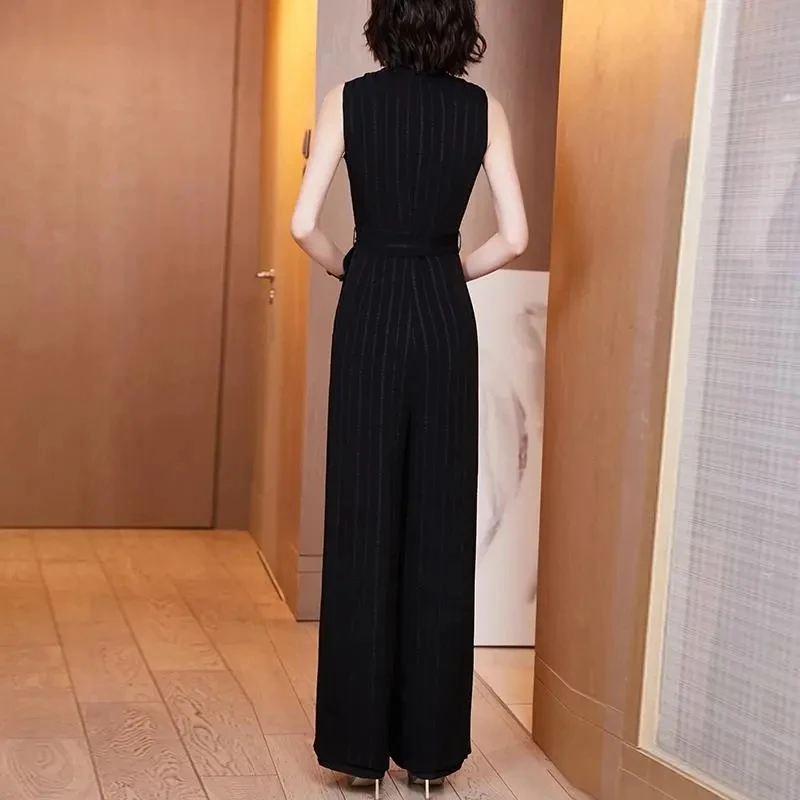 New Women Fashion Black Chiffon High Waisted Wide Leg Jumpsuit 2024 Summer Female Appear Thin Black Striped Wide Leg Jumpsuit