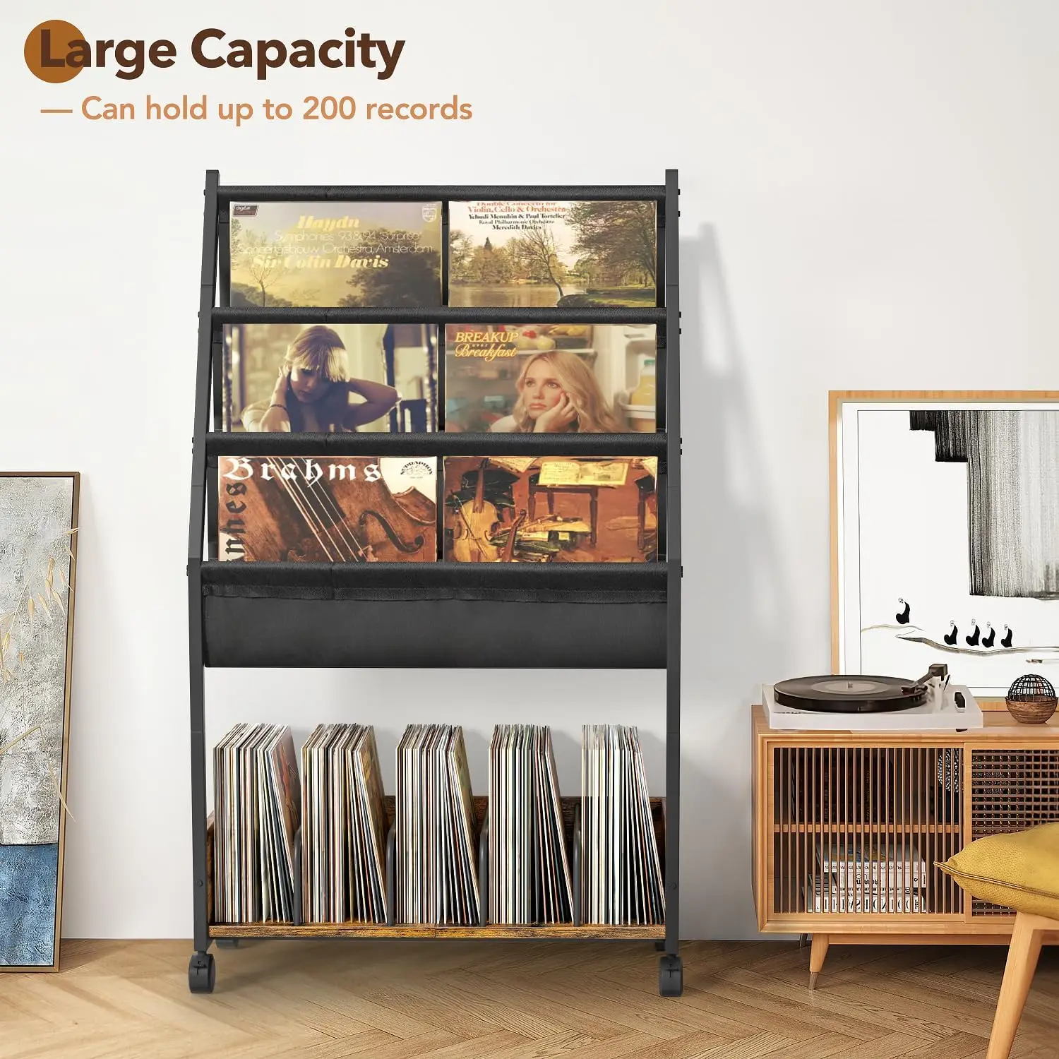 Vinyl Record Storage, Record Holder Up to 200 Albums, Record Stand with 3 Tier Vinyl Holder Display Shelf