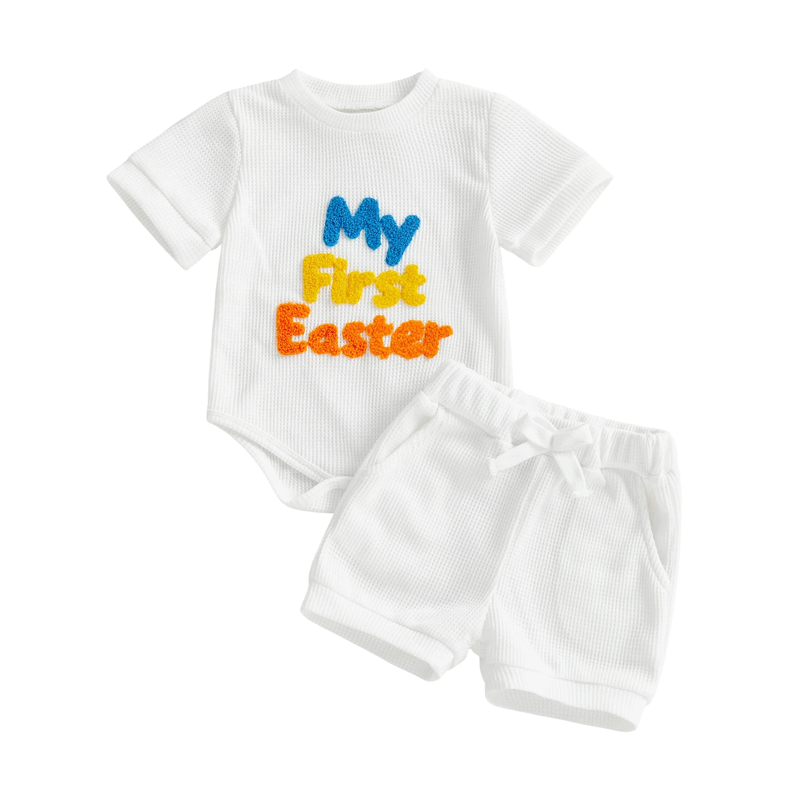 

Пасхальный наряд для маленьких мальчиков, комбинезон с короткими рукавами и вышивкой букв и однотонные шорты, комплект из двух предметов, лето-весна