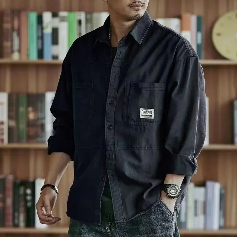 Spring Autumn New Fashion Turn-down Collar Long Sleeve Solid Blouse Men's Clothing Pockets Button American Style Trend Shirts