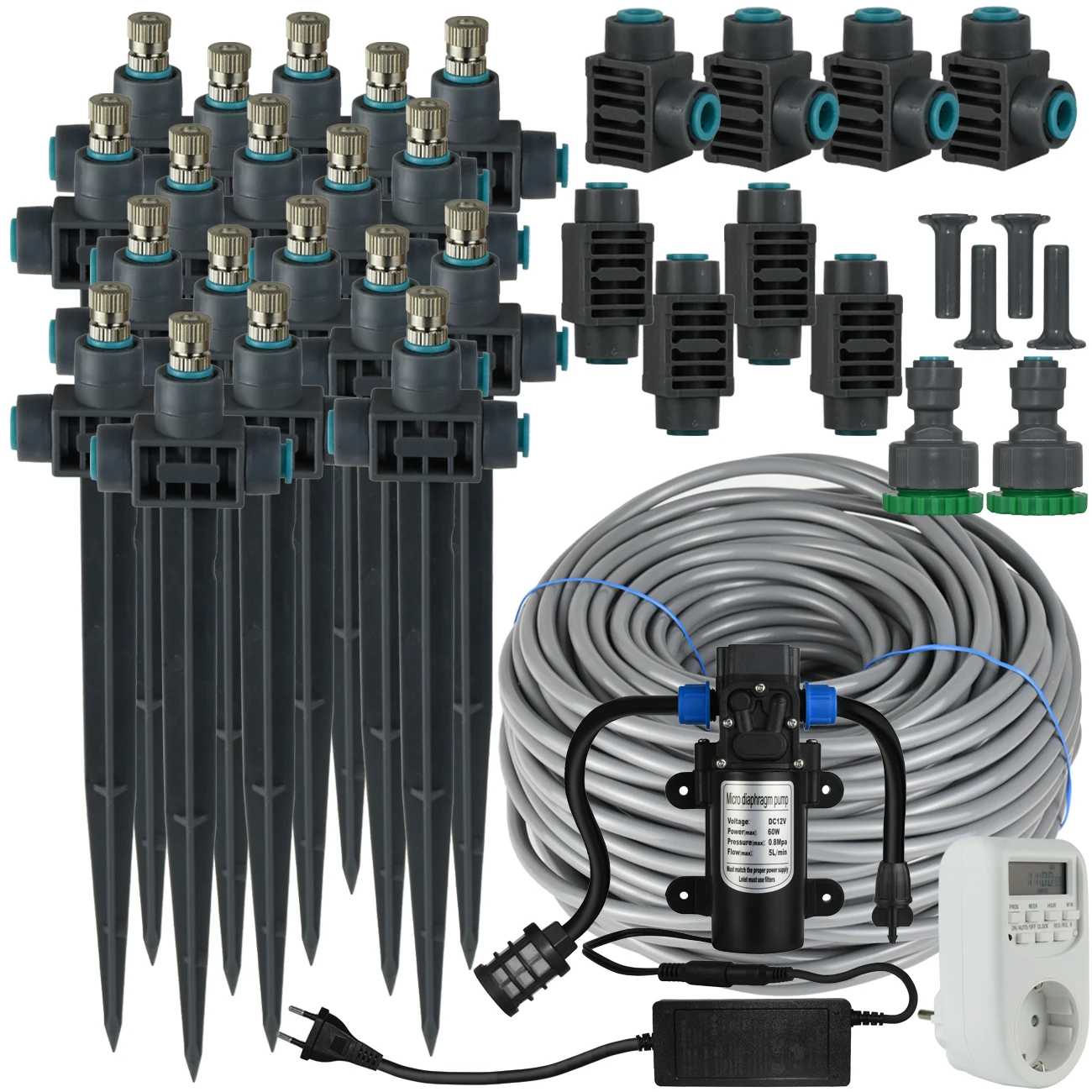 Garden 5M-30M 360° Misting Cooling System Self-Priming Pump Timer Automatic Watering Irrigation Kit Greenhouse Flower Patio Tool