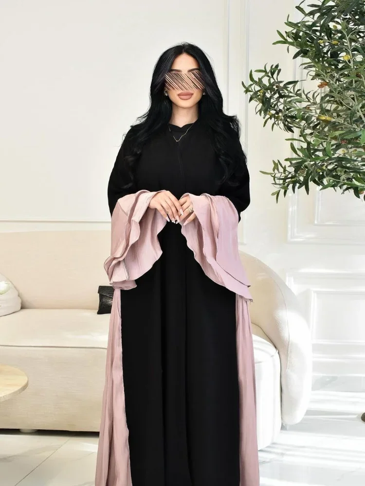 عباية حريرية إسلامية بأكمام مكشكشة للعيد للنساء فساتين جلابية ساتان رداء طويل رمضان المغرب دبي عبايات قفطان فيستدوس