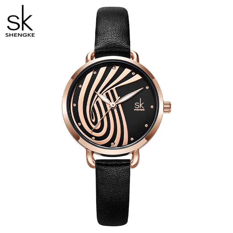 Shengke Original Design Women Watches Fashion Black Leather Strap Woman\'s Quartz Wristwatches New Ladies Clock  Relogio Feminino