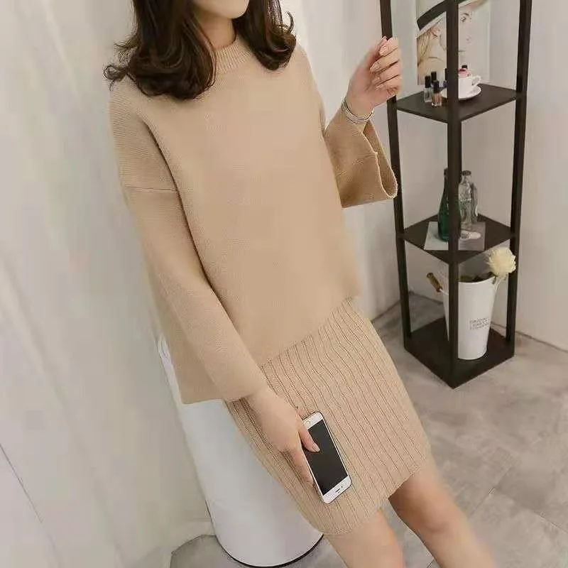 Autumn New Knitted Set Fashion Korean Edition Loose Head Sweater Women's Mid Autumn Long Two piece Skirt Set