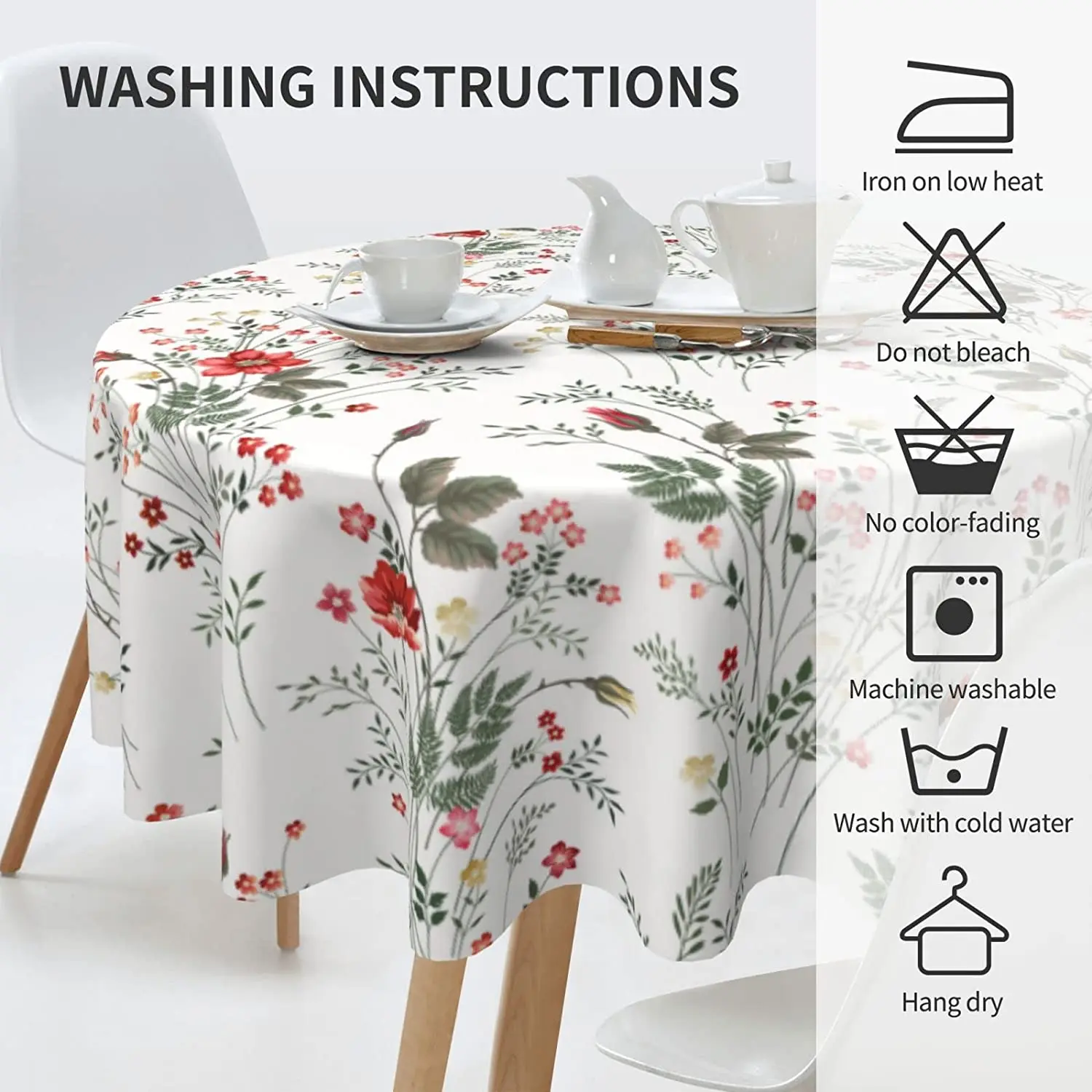 Wild Flower Floral Tablecloth Round Table Cloth Waterproof Polyester Washable Table Cover for Indoor Outdoor Picnic Patio Decor