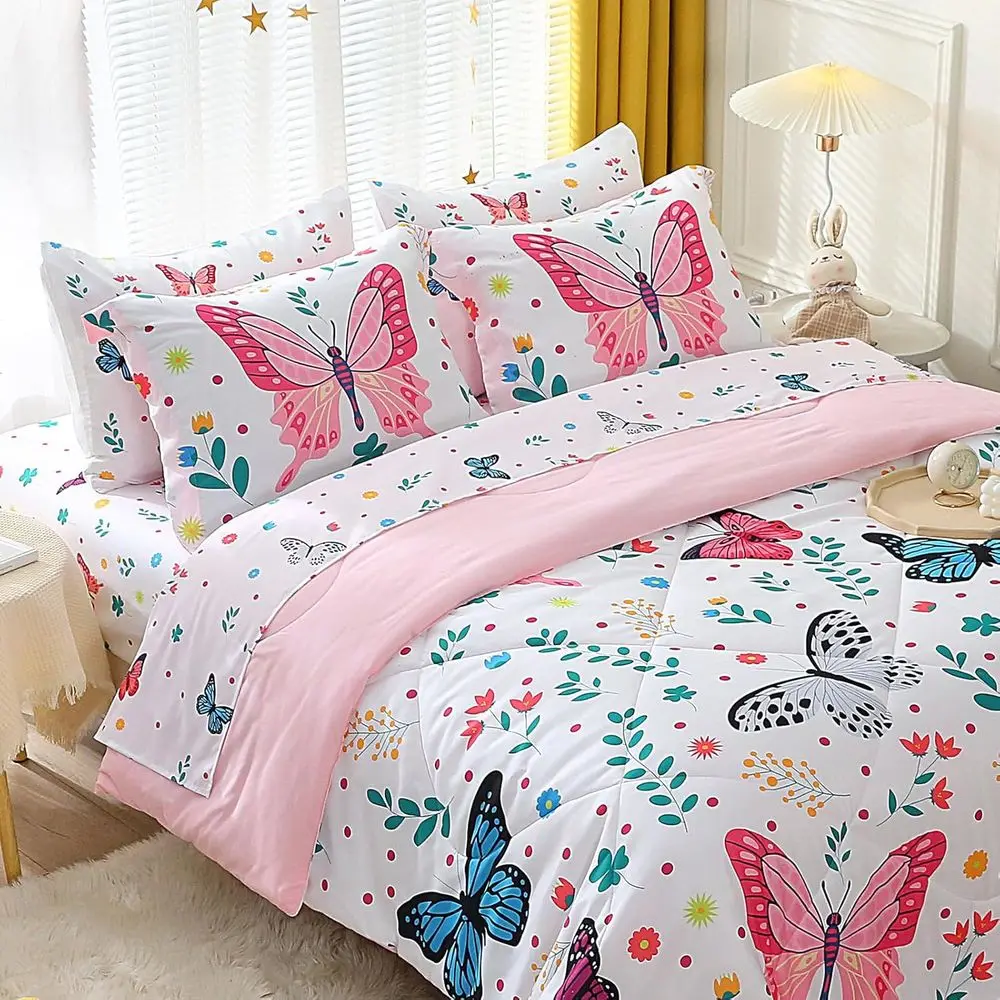 

Girls Butterfly Comforter Set Queen Size 7 Piece Bed in A Bag Colorful Flowers Leaves Bedding Set for Kids Teens Super Soft All