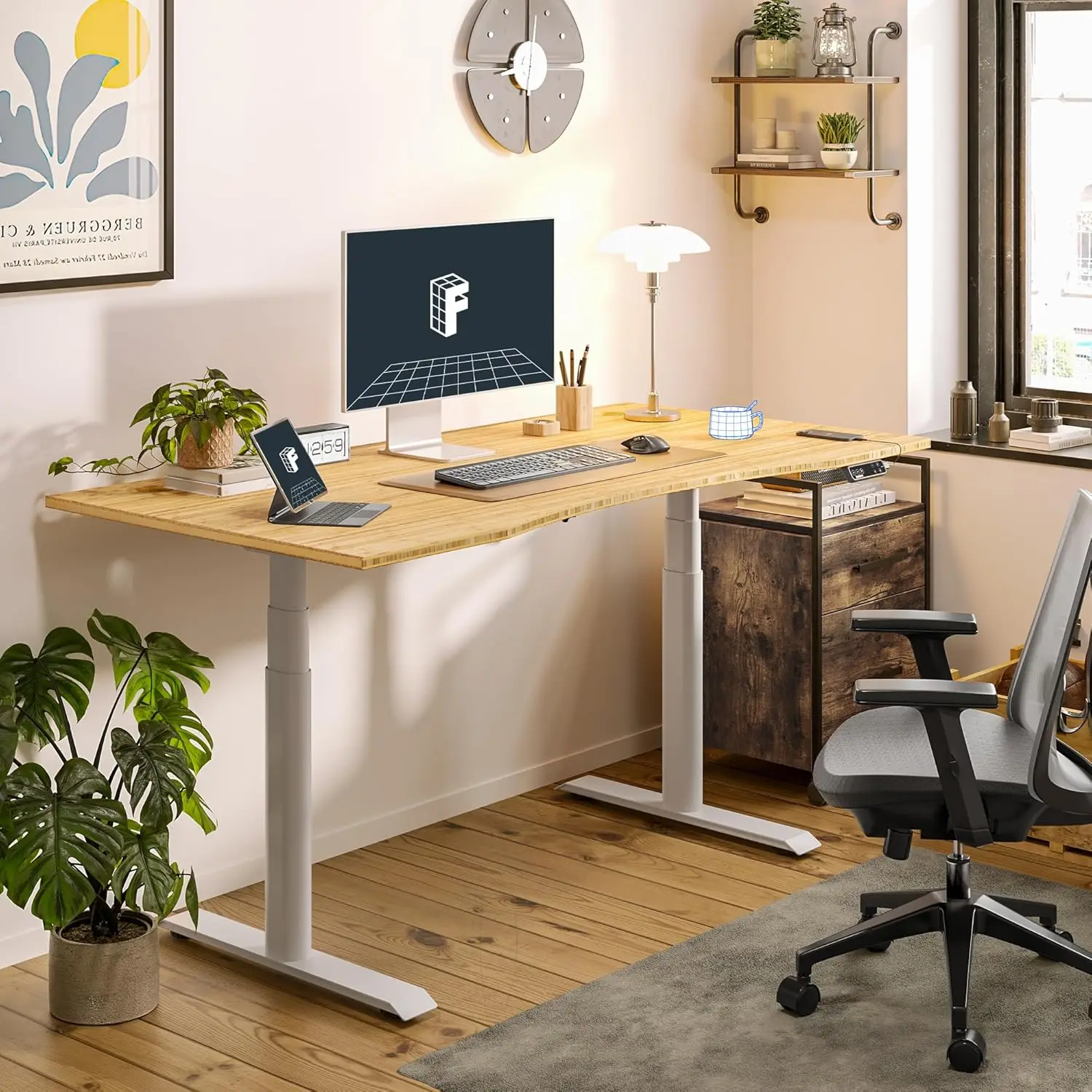 Mesa eléctrica de pie de bambú Z8 Luxe con pata ovalada, doble Motor, 3 etapas, tablero de pieza entera de 55x28 pulgadas, soporte eléctrico de altura ajustable