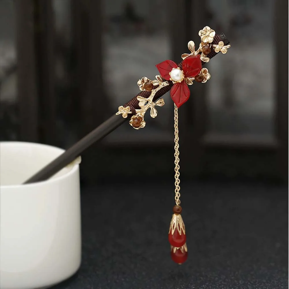 Women Wild Pearl Chinese Style Tassel Flower Headwear Chopstick Hair Pin Hair Sticks