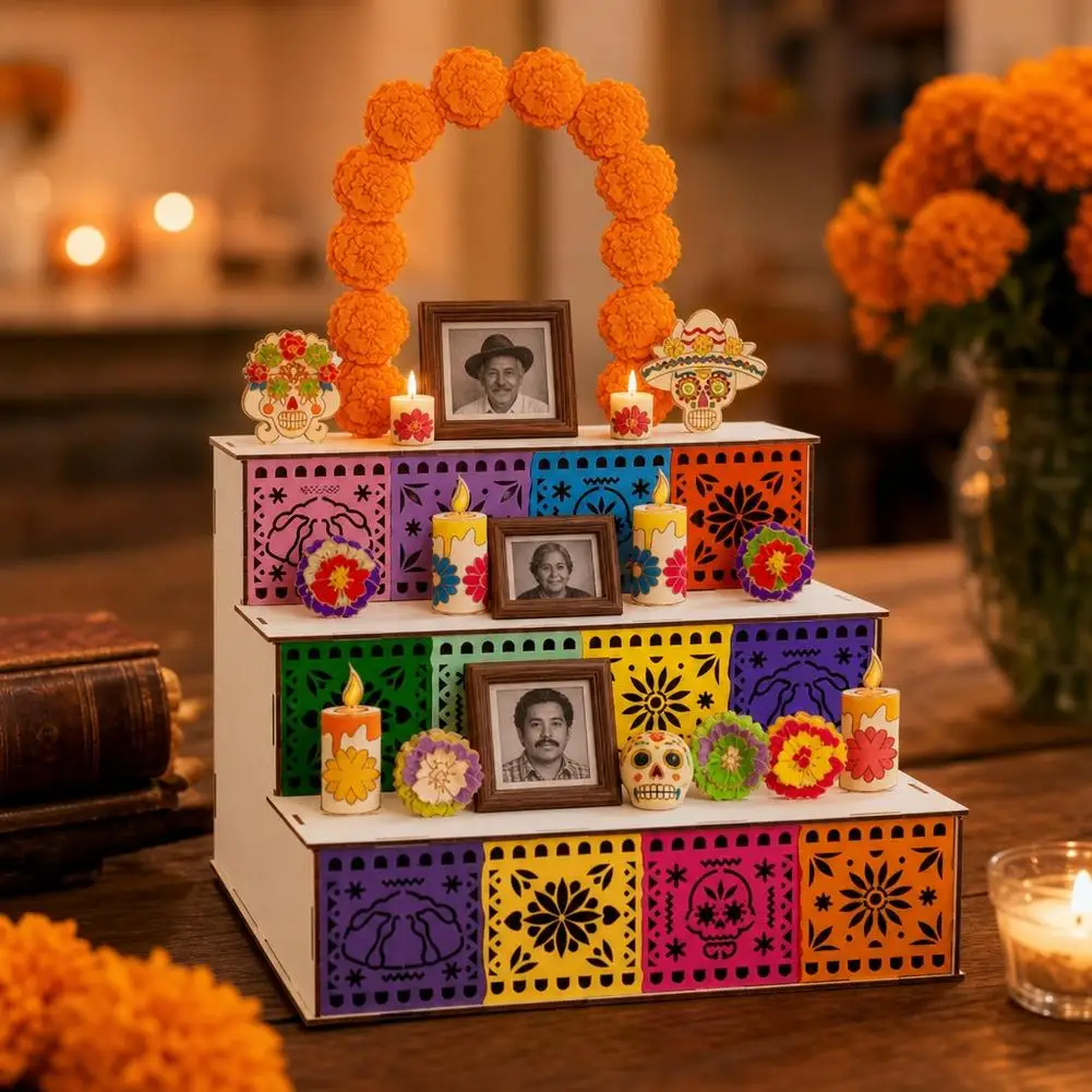 Unique Mexican Wooden Altar Box Wooden Day of the Dead Altar Shrine Tiered Decor with Photo Frames Arch Skull Memorial Ornament