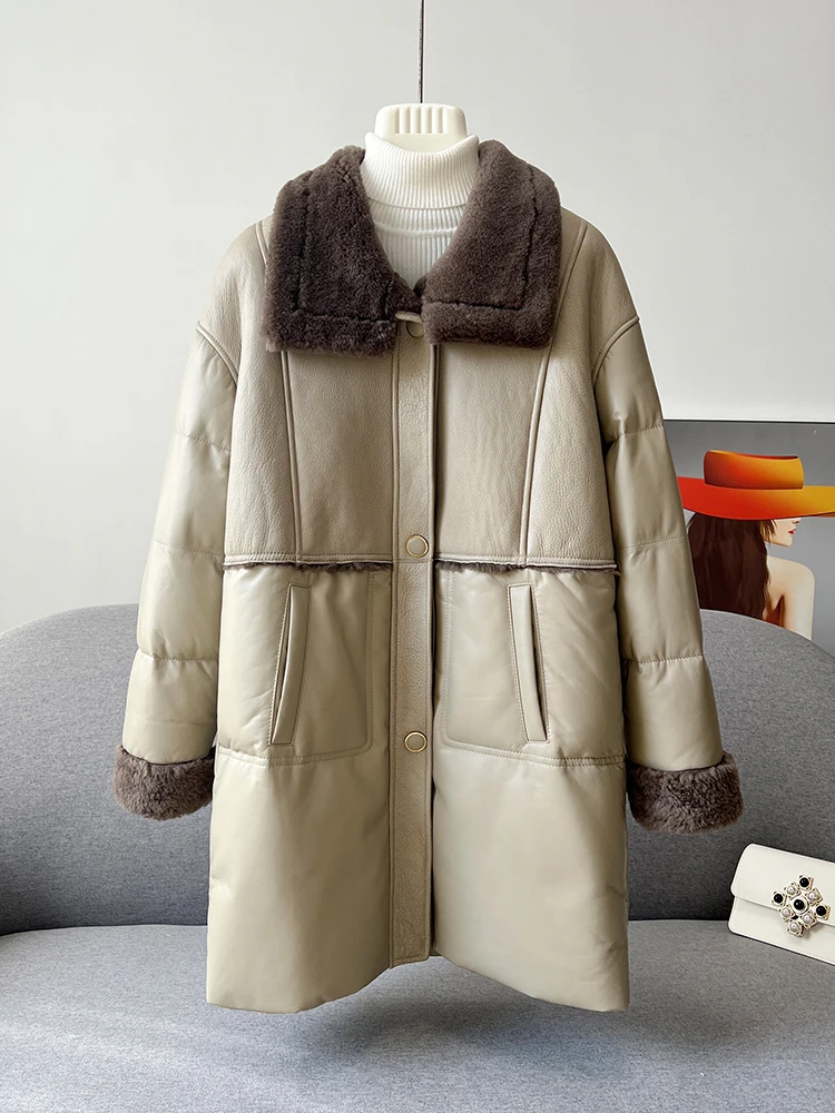 

Women's Sheepskin Goose Down Clothing Splicing Fur Integrated Medium and Long Fur Leather Down Jacket