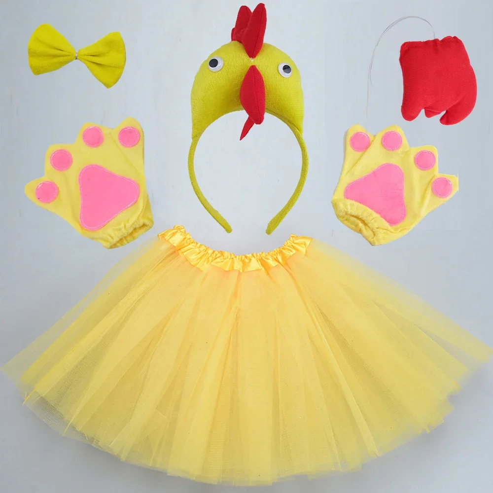 Yellow Chicken Rooster Animals Headband Bow Tail Paws Tutu Skirt Set Party Props Gift  Birthday Halloween Costume Cosplay