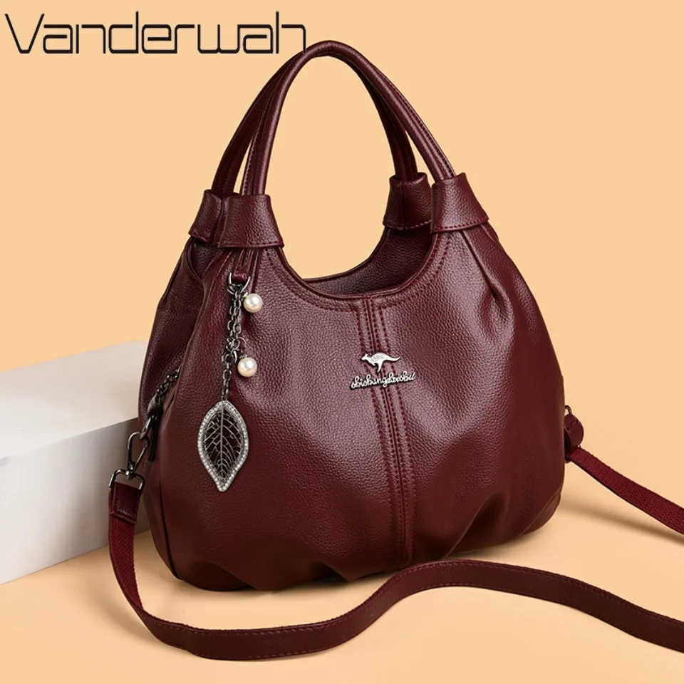 

Soft Lychee Leather Hobo Handbag 3 Layers Shoulder Crossbody Bag with Pearl Leaf Pendant Casual Tote Bag for Women Daily Commute