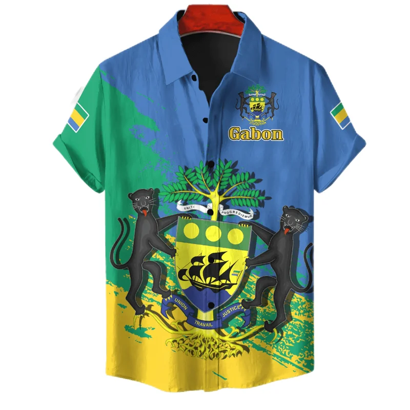 Africa Gabon Map Flag 3D Print Shirts For Men Clothes National Emblem Beach Shirts Patriotic Coat Of Arms Blouses Male Tops