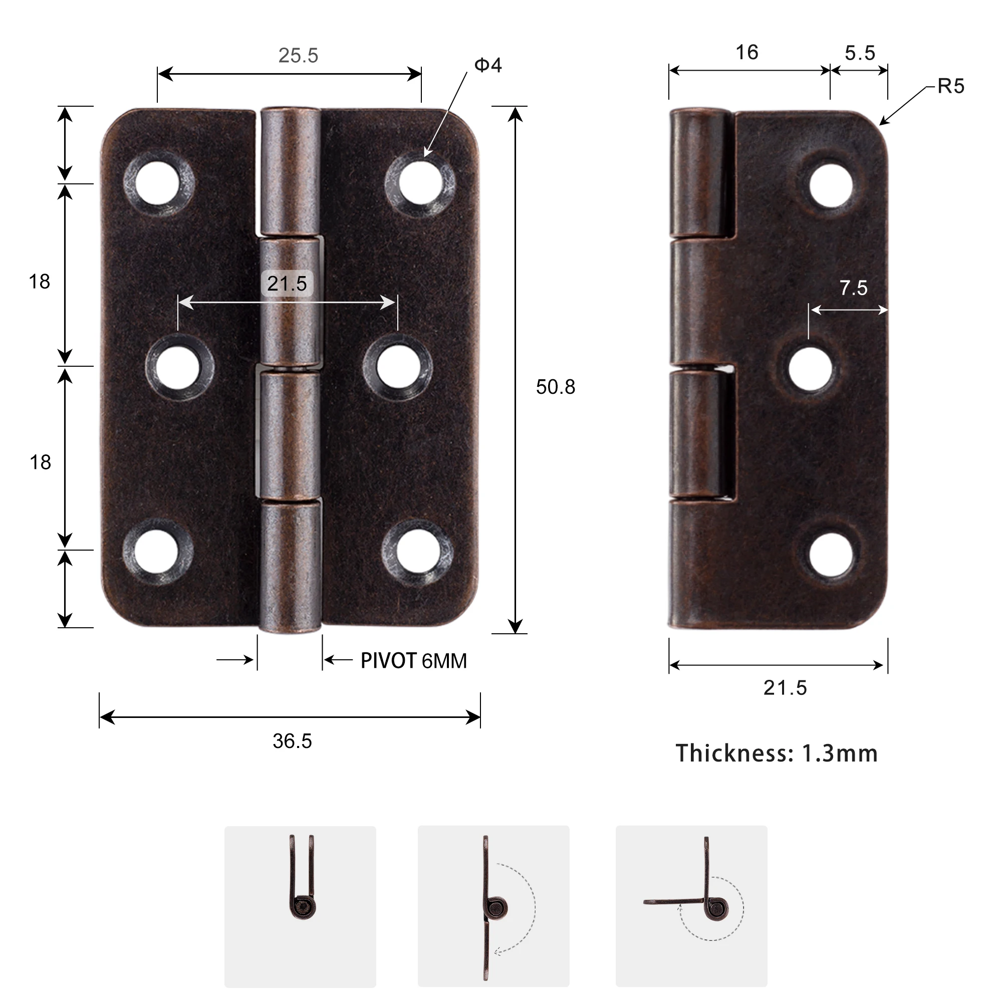 4PCS 270 Degree Furniture Hinge Antique Copper Iron Metal Round Corner 2 Inch Hinges for Cabinet Cupboard Doors with Free Screws