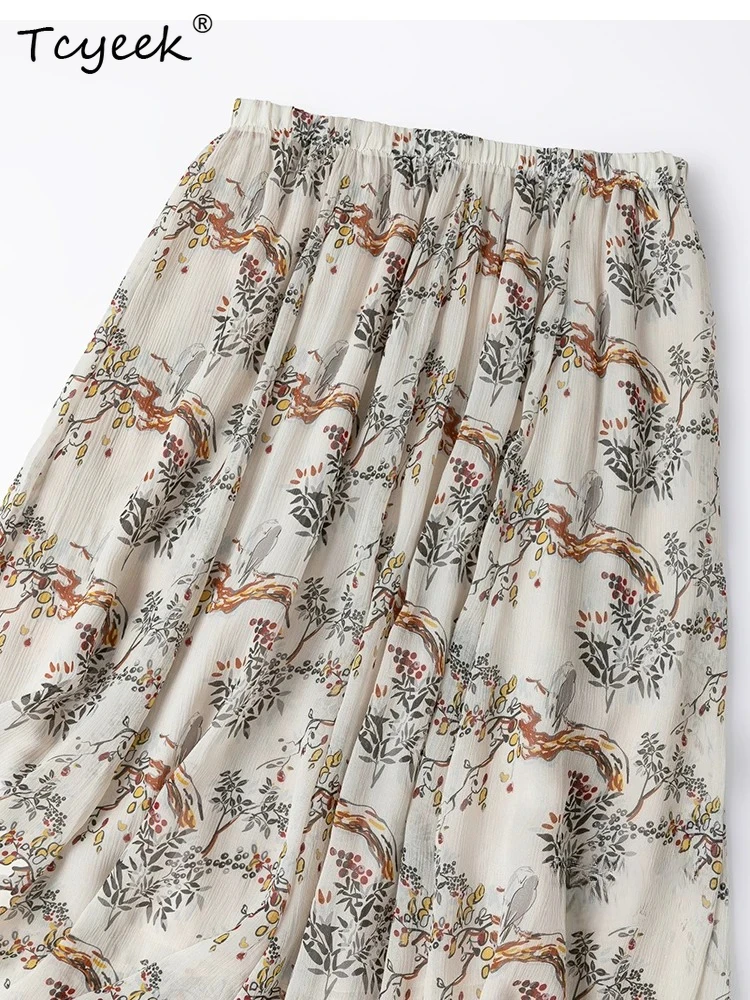 Tcyeek 100% Real Silk Women Long Skirts 2026 Spring Elegant Flowing Two-layer Beach Skirt Clothes for Ladies Faldas Para Mujeres