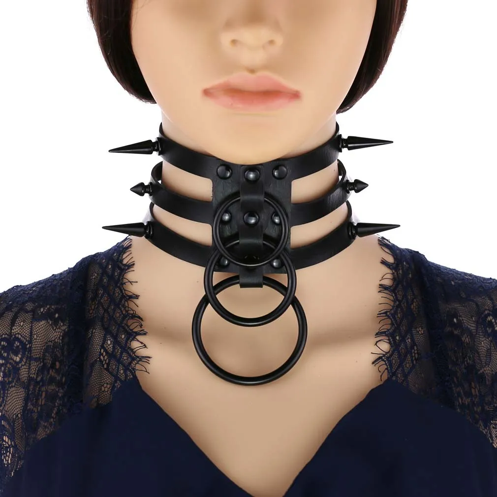 Harajuku Punk Gothic Individuality Exaggerate Bind Leather Rivet Spike Neck collar  Hanging rings Collarbone neckline necklace