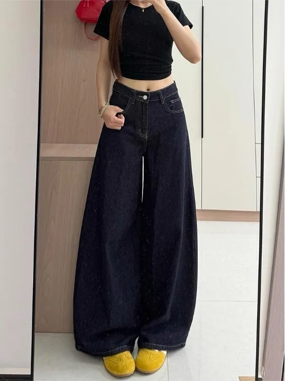 

Loose Wide Leg Blue Jeans High Waist Women's Summer New Floor-Length Straight Casual Vintage Style No Brand Denim Pants