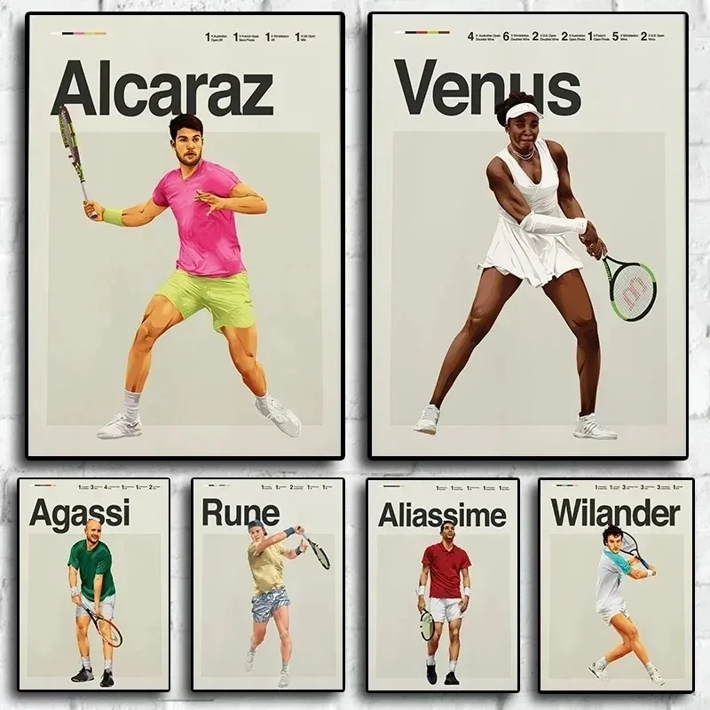 Legends Athletes Tennis Poster Aesthetic Mid Century Modern Tennis Wall Art Ideal for Office Bedroom Canvas Prictures Room Decor