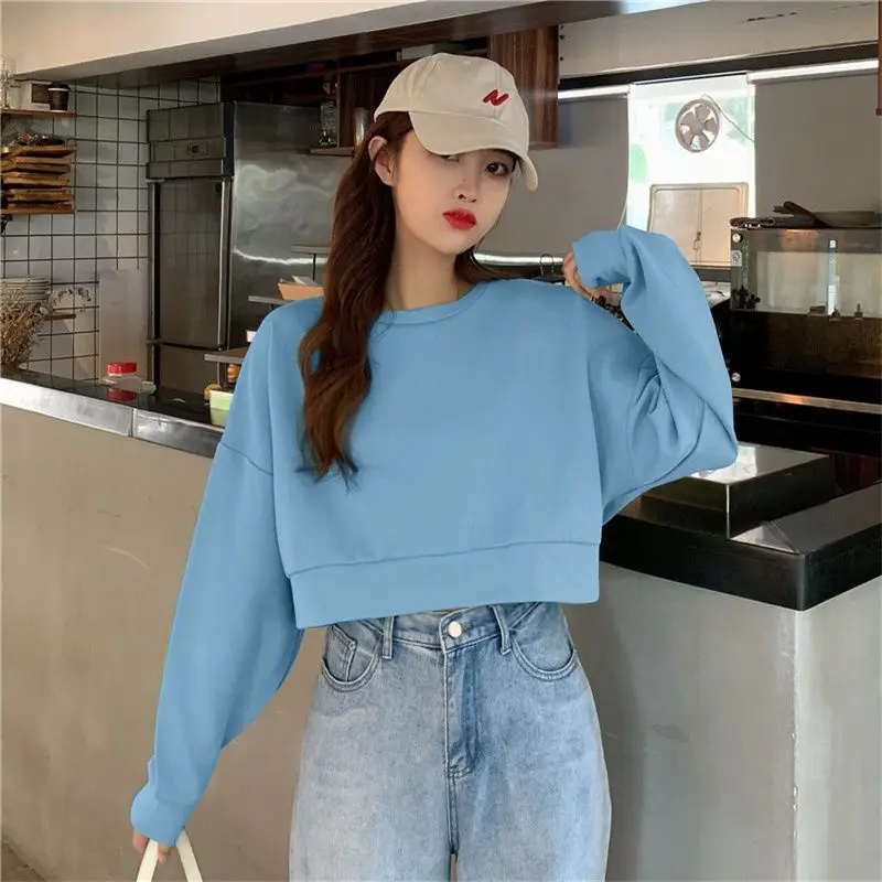 MEXZT 100% Cotton Women Cropped Sweatshirt Pullovers Fashion Harajuku Loose Solid Color Tops Spring Korean Casual Lady Clothes