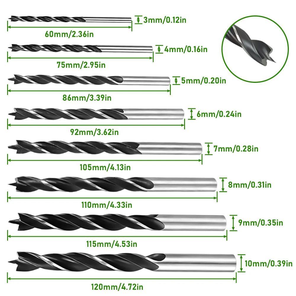 8PCS Three-Point Wood Drill Bit Set, Spiral Bits 3–10mm with Center Point, for Drilling Wood, Hardwood & Plywood