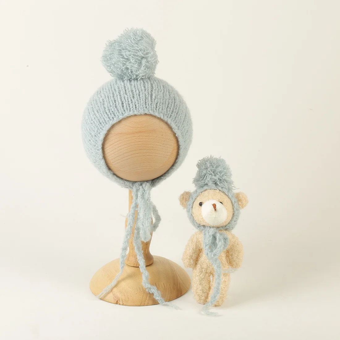 Baby Hat And Toy Set Newborn Photography Props Knitted Soft Bonnet And Bear Toy Wearing A Hat Baby Photo Shoot Accessories