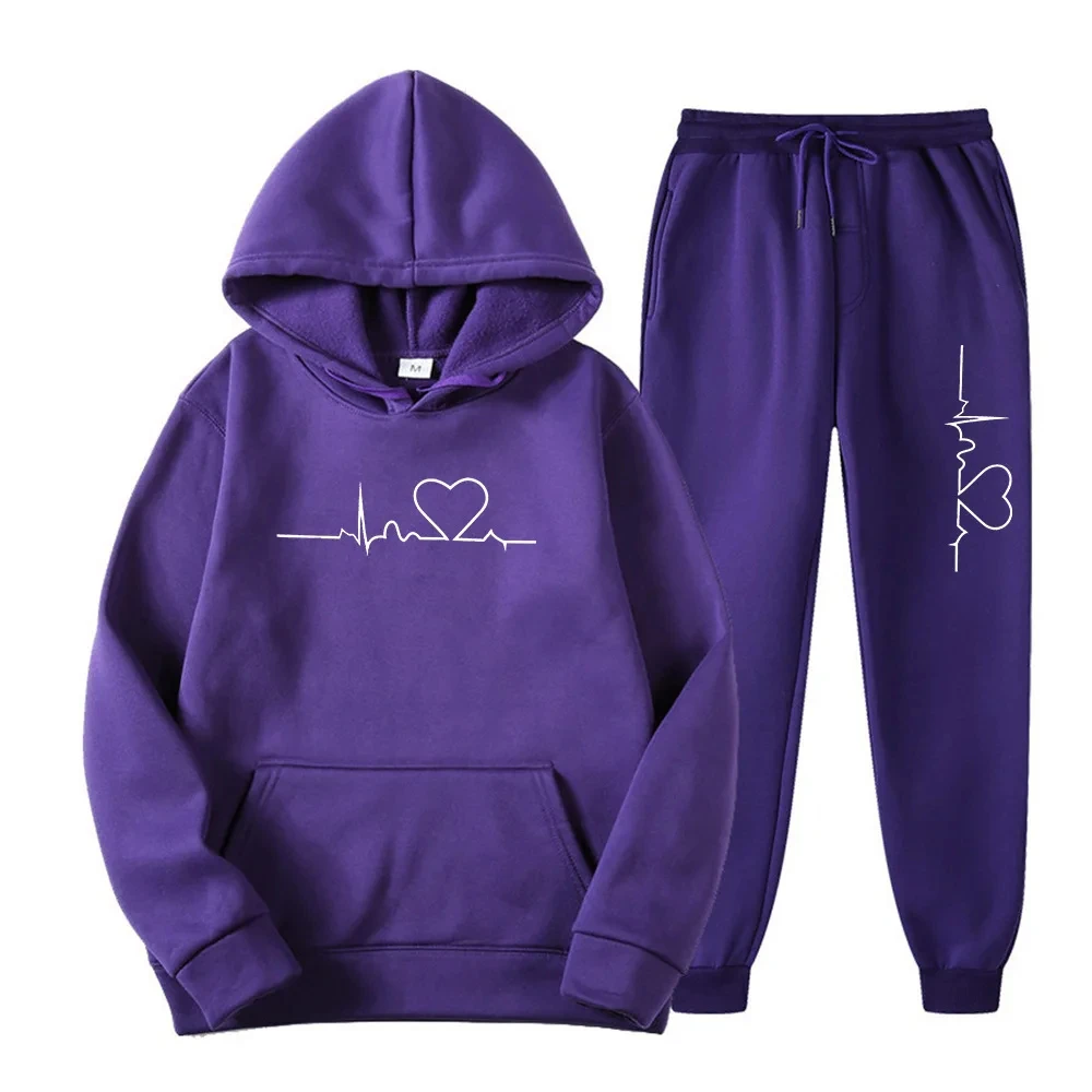 2026 Plus Size Unisex Fleece 2‑Piece Tracksuit Set, Autumn Winter Casual Heart Graphic Printed Hoodie & Sweatpants Outfit for Me