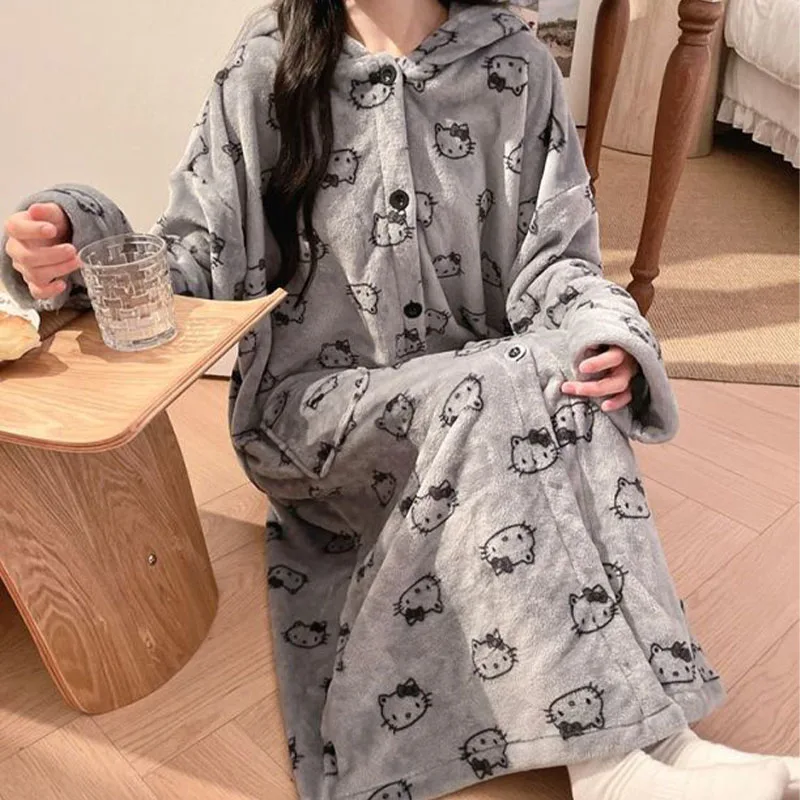 Anime Sanrios Robes Kawaii Hello Kittys Women Autumn Winter Flannel Hooded Pajamas Warm Cartoon Home Clothes Oversize Night-Robe