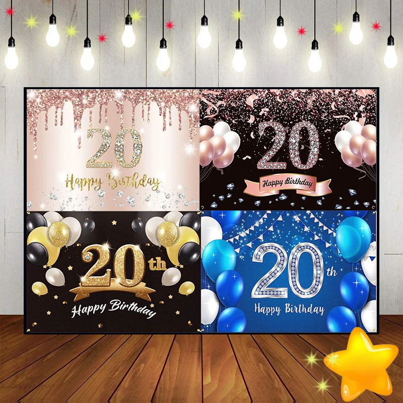 Happy 20th Birthday Balloon Background Boy or Girl Vintage Schoolring Decoration Children Game Photo Party Communion Golden Red