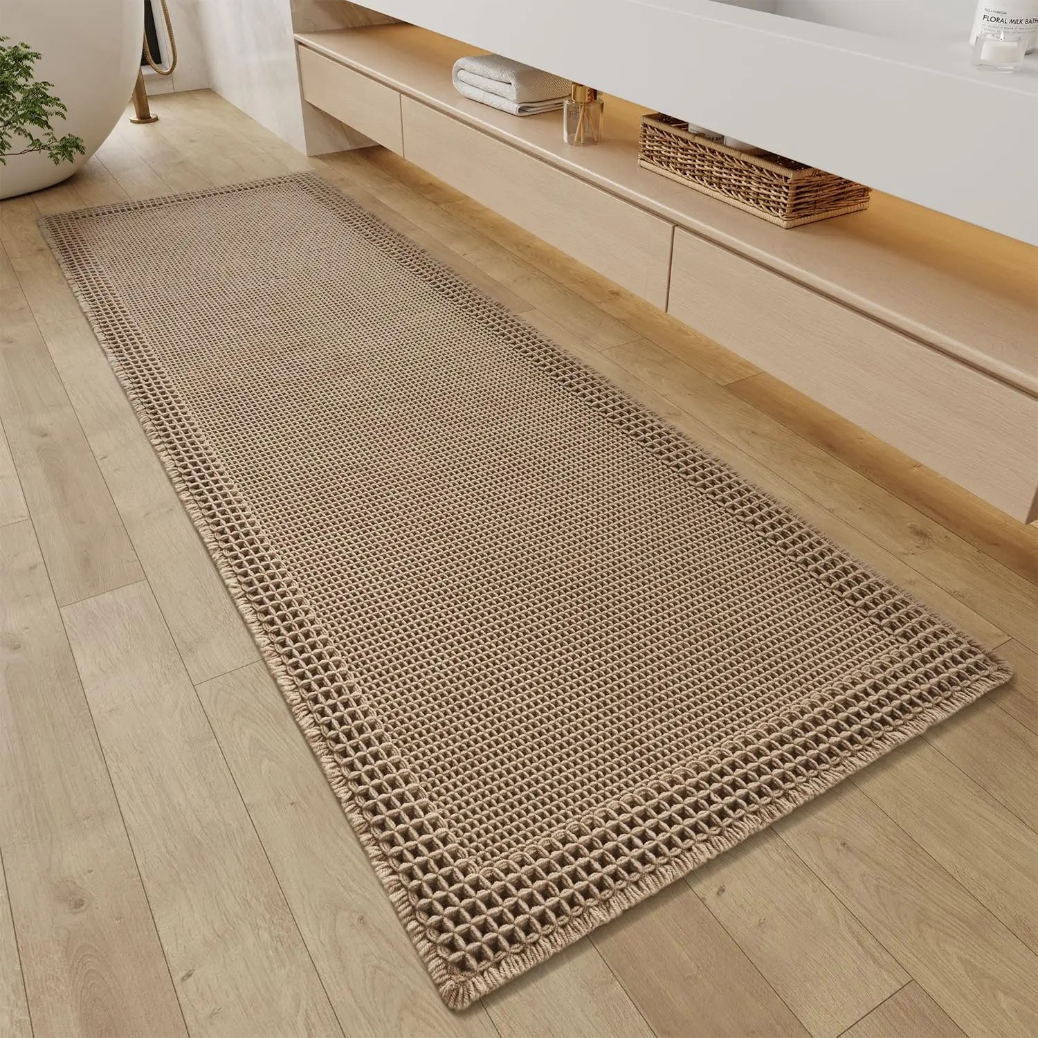 

Super Absorbent Non Slip Waffle Bath Mat, Quick Dry Washable with Tassels for Bathroom Bedroom Hallway, Brown 2'x6'