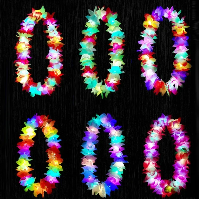 1pcs LED Light Up Hawaiian Luau Leis Tropical Flower Necklace for Hawaii Glow Party Decoration Favors Beach  Wedding Festival