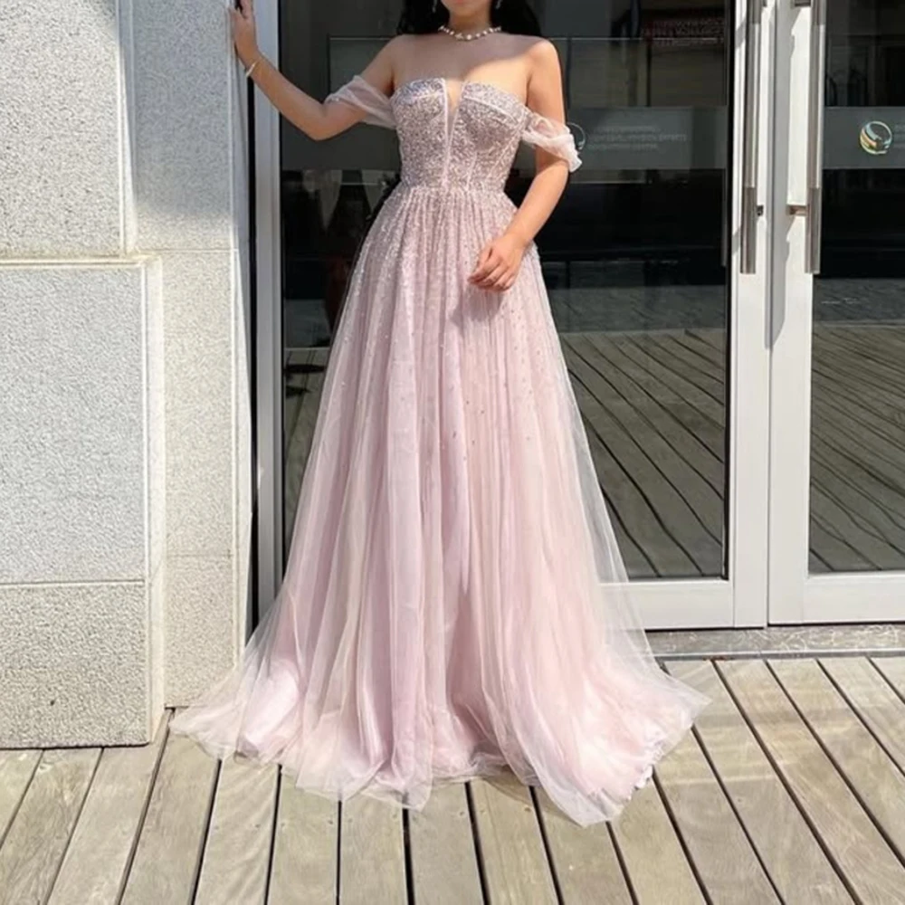 

Customized Pink Sparkly Sequined Strapless A-line Tulle Evening Dresses Off the Shoulder SLeeveless Floor Length Pageant Gown