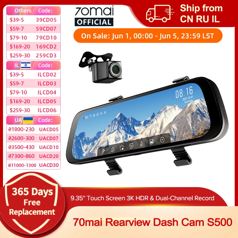 70mai Rearview Dash Cam S500 9,35'' Touchscreen 70mai S500 Auto DVR 3K Super Kondensator Dual-Kanal