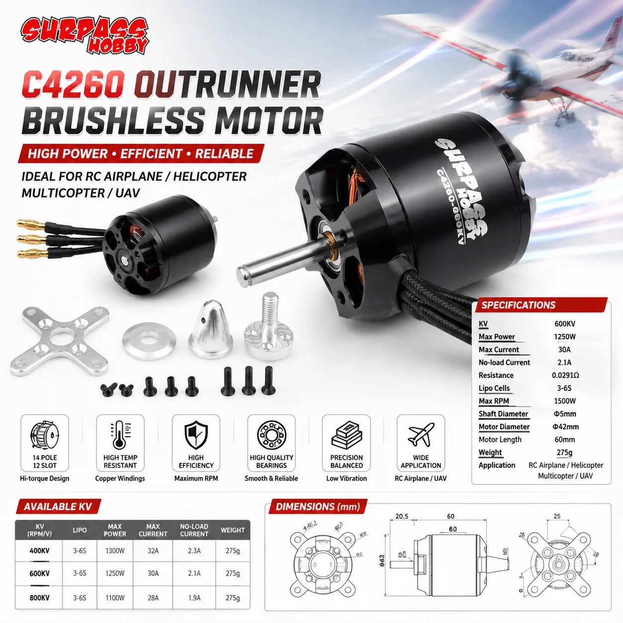 Surpass Hobby C4260 3530 4260 Outrunner Brushless Motor for RC Plane Helicopter Airpalne Aircraft Multicopters RC Model Parts