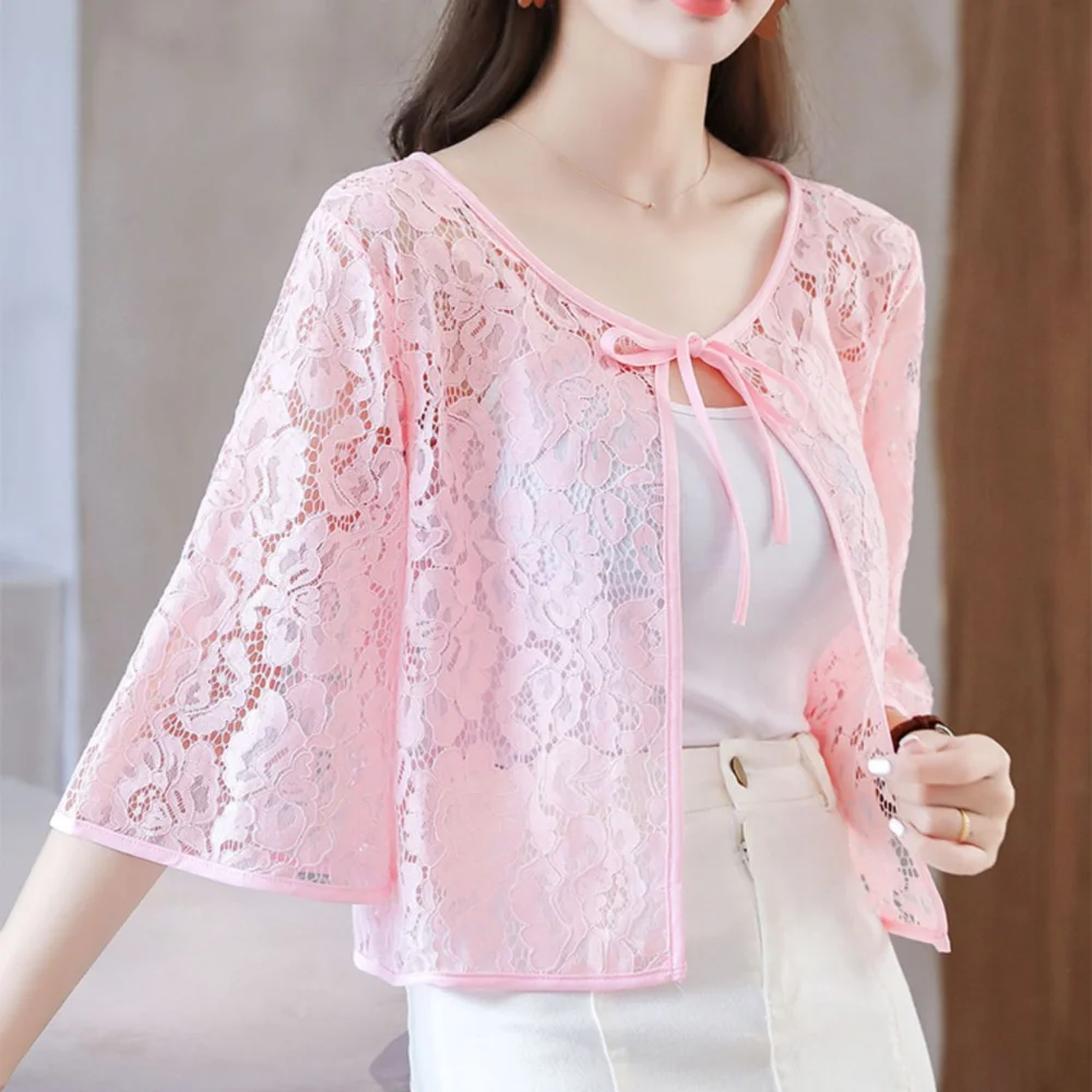 Flower Mesh Small Shawl Jacket Transparent Lace Up Lace Cardigan Shirt Korean Style Thin Sun Protection Cardigan Tops Girls