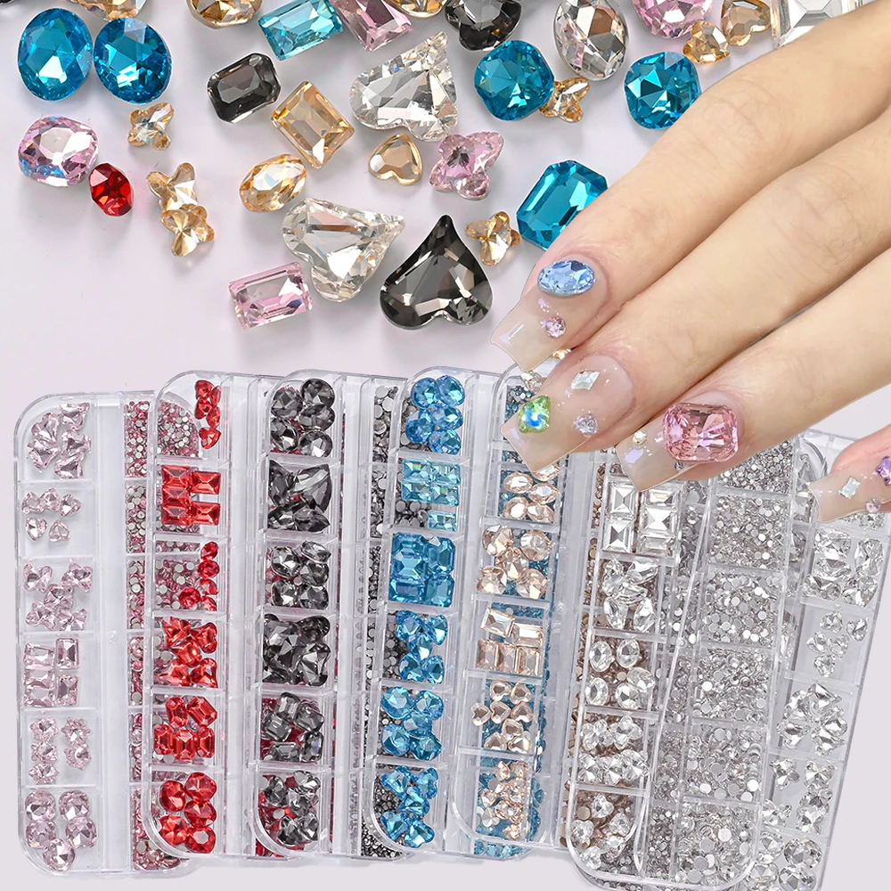 

12grids Heart Oval Square Rhinestones 3D Nail Charms K9 Crystal Glass Mixed Colorful Nail Diamonds Jewelry for Nail Crafts Decor