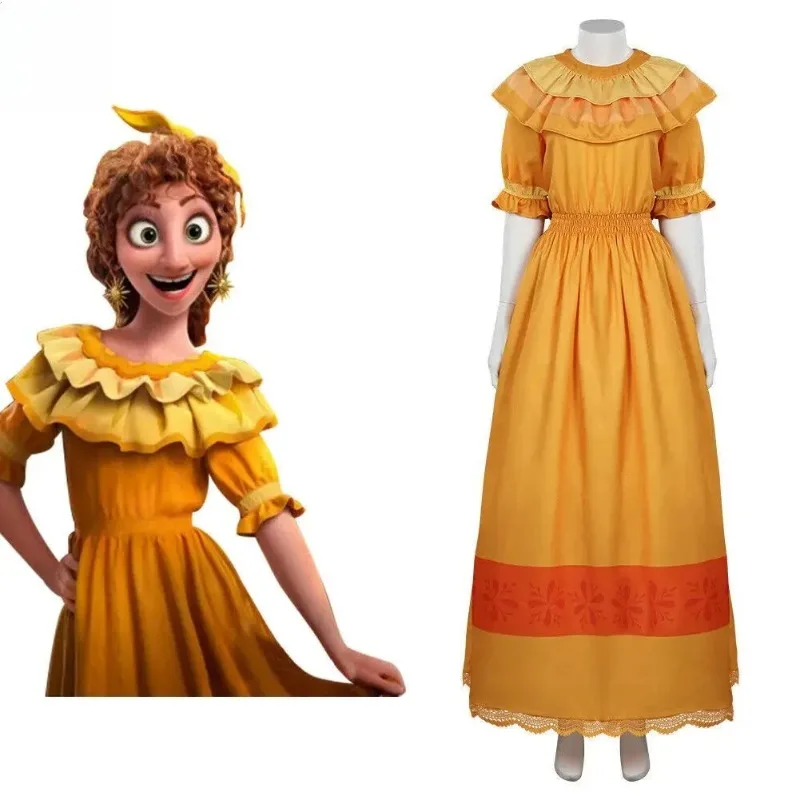 

Encanto Inspired Mirabel Madrigal Cosplay Costume for Adults Teens Ruffled Collar Maxi Dress with Red Trim Hair Accessory
