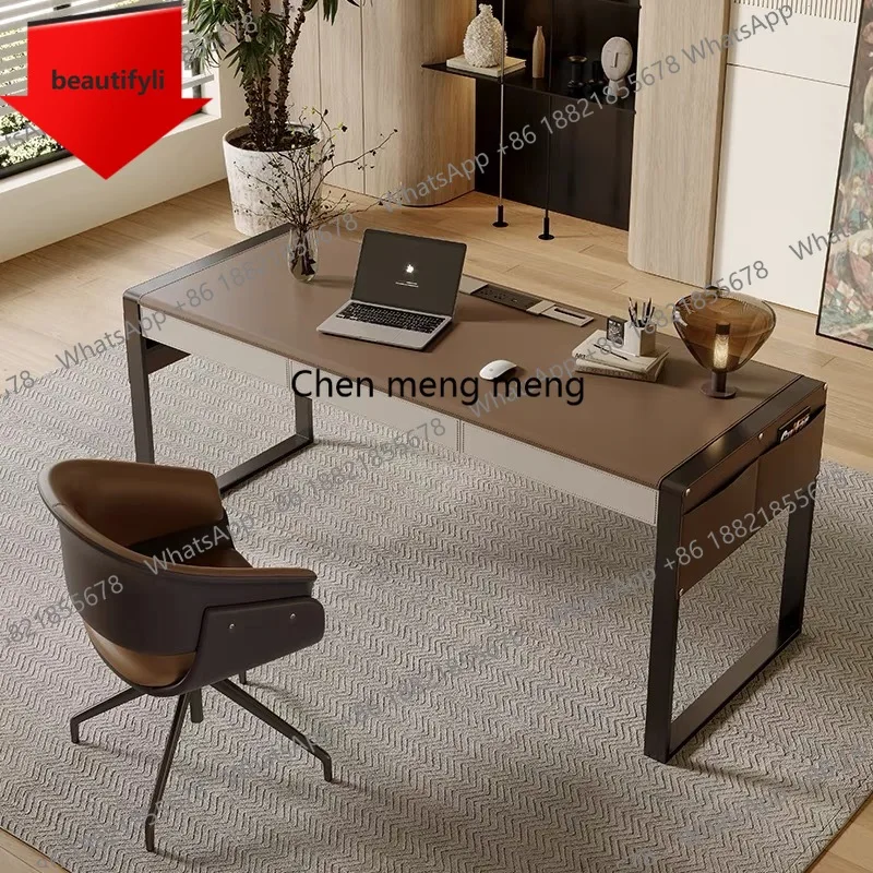 

Письменный стол Q181 в стиле лёгкой роскоши, минимализм, для дома и кабинета, из массива дерева, современный, с обивкой из натуральной кожи, компьютерный стол