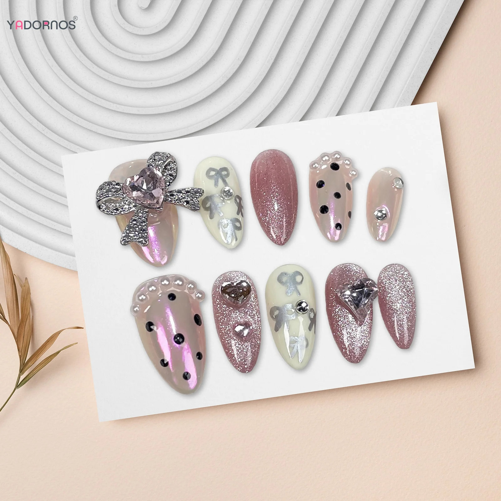 10 stücke rosa handgemachte Presse auf Nägeln Mandel Aurora falsche Nagel Patch Liebe Bowknot Strass Design koreanischen Stil tragbare Maniküre
