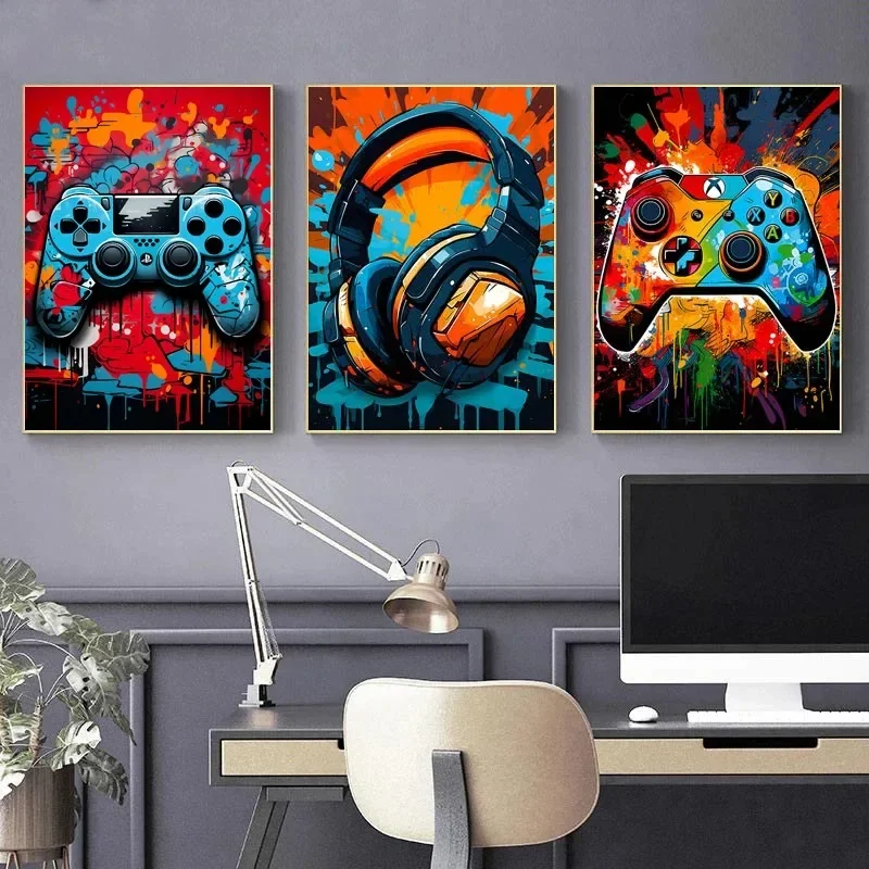 Canvas Painting Colorful Game Controller Graffiti Gaming Poster Gamepad Print Picture for Boys Gamer Bedroom Wall Art Home De