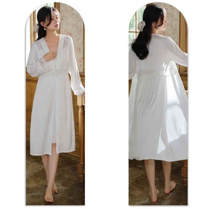 White Embroider Lace Long Sleeve Sexy Nighty Sleepwear Women Fairy Satin Robe And Nightgown Princess Nightwear Ice Silk Robe Set