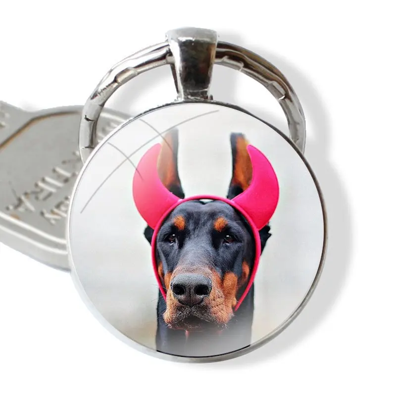 Keychain Handmade Glass Cabochon Key Ring Holder Pendant Key Chains black Dachshund Doberman Dog face