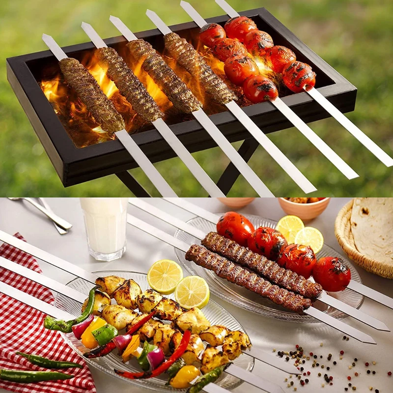 Kabob Skewers Flat 6pcs Stainless Steel BBQ Barbecue Skewer for Brazilian Koobideh Persian Kitchen Accessories Bbq Grill Outdoor