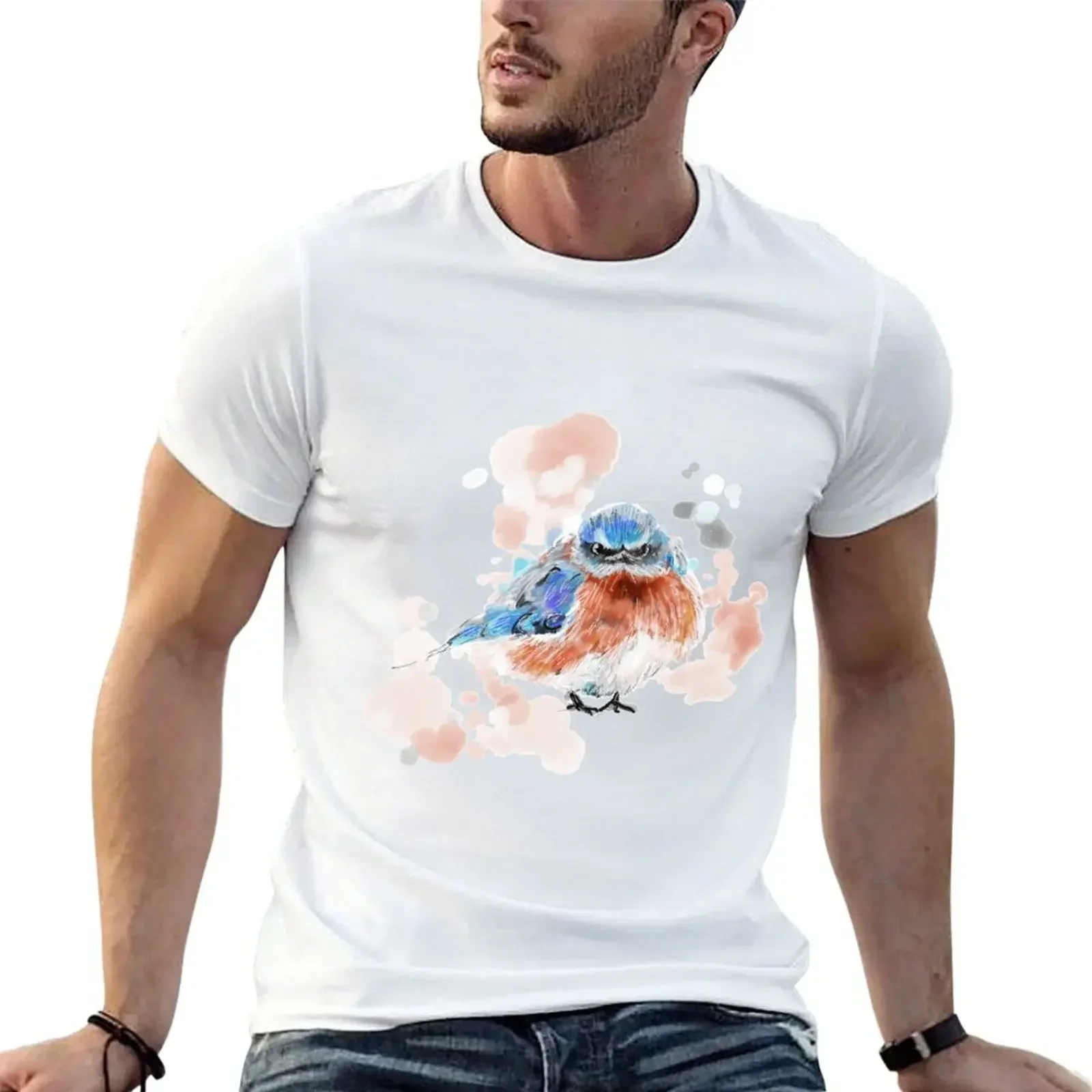 Blue and red watercolour bird. T-shirt graphics oversized tees customs T-shirts for men cotton