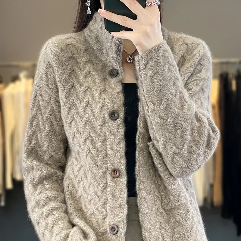 Autumn/Winter New 100% Merino Wool Clothing Women\'s Stand Up Collar Knitted Cardigan Fashion Korean Twisted Jacket Luxurious Top