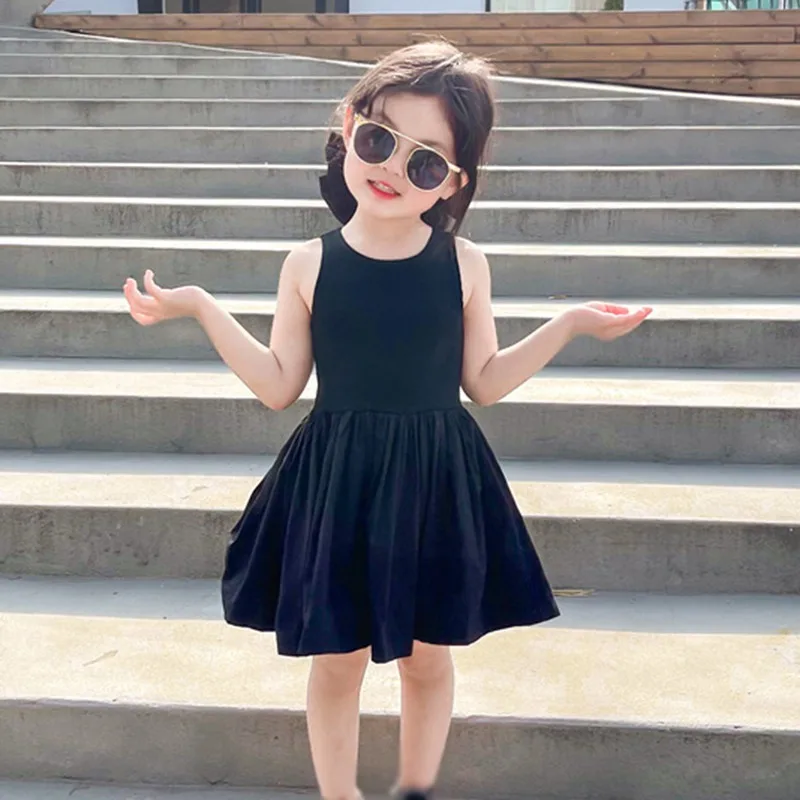 Summer Girls Casual Dresses Black Cotton Skirt Korean O-neck Cross Open Back Girls Skirt Slim Dress For Girls Children's Clothes