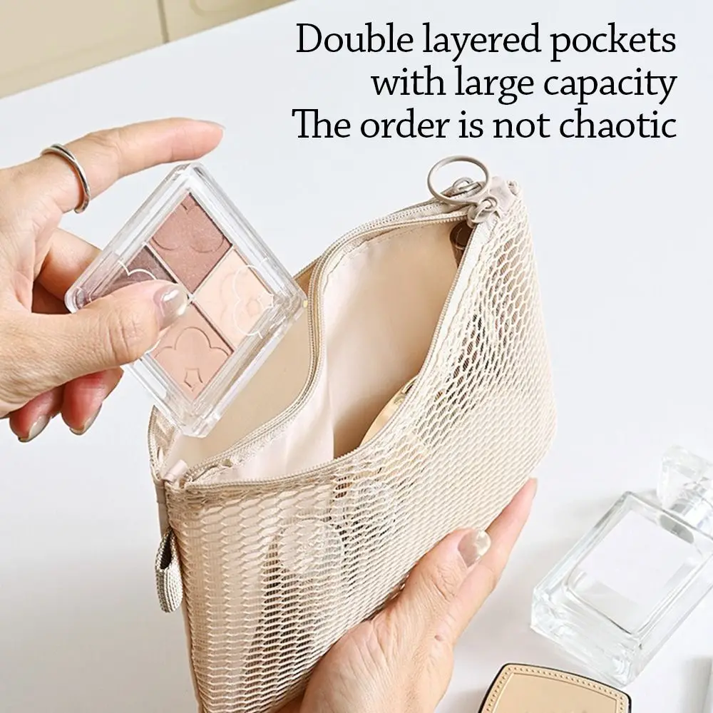 Multi-purpose Storage Bag Mesh Material Beige Mesh Cosmetic Bag Zipper Closure Lightweight Design Coin Purse Sundries Storage